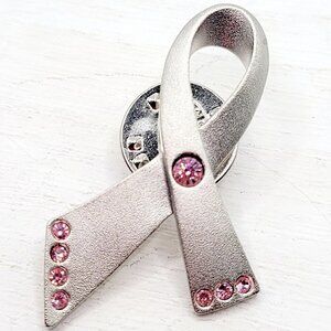 AVON Breast Cancer Awareness Ribbon Tie Tac Lapel Pin Satin Silver Tone Pink